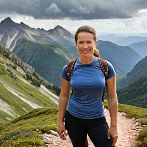 **

A hiker on a mountain trail, wearing a comfortable base layer (mentioning "EcoBiome") and looking refreshed despite sweating. Focus on conveying comfort and moisture-wicking. The background shows a scenic mountain view.

**