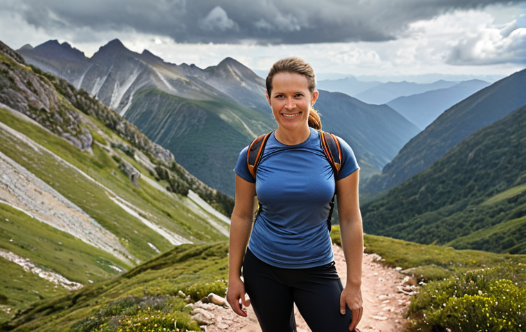 **

A hiker on a mountain trail, wearing a comfortable base layer (mentioning "EcoBiome") and looking refreshed despite sweating. Focus on conveying comfort and moisture-wicking. The background shows a scenic mountain view.

**