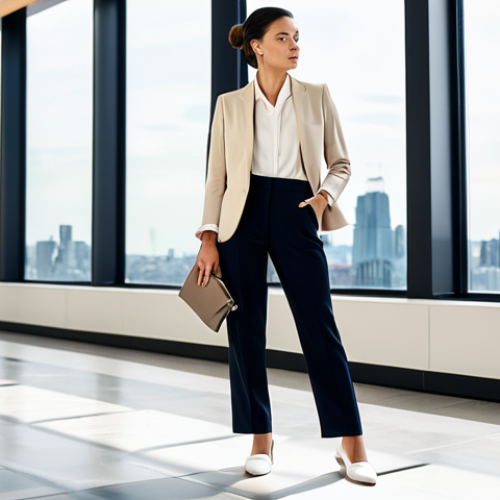 A stylish, professional woman dressed in a modern, tailored beige blazer and sophisticated dark trousers, fully clothed, modest clothing, appropriate attire, professional dress. She stands confidently with a natural pose, holding a minimalist clutch bag, showcasing perfect anatomy, correct proportions, well-formed hands, proper finger count, natural body proportions. Her feet are subtly visible, wearing sleek, clean-lined, high-quality white sneakers with a minimalist design. The setting is the bright, spacious lobby of a contemporary urban building with large windows overlooking a city skyline. The interior features clean lines, muted tones, and subtle natural light. Professional photography, high resolution, soft diffused lighting, sharp focus, vibrant colors, safe for work, appropriate content, fully clothed, professional.