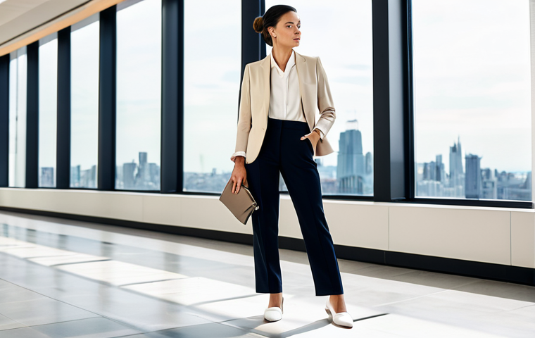 A stylish, professional woman dressed in a modern, tailored beige blazer and sophisticated dark trousers, fully clothed, modest clothing, appropriate attire, professional dress. She stands confidently with a natural pose, holding a minimalist clutch bag, showcasing perfect anatomy, correct proportions, well-formed hands, proper finger count, natural body proportions. Her feet are subtly visible, wearing sleek, clean-lined, high-quality white sneakers with a minimalist design. The setting is the bright, spacious lobby of a contemporary urban building with large windows overlooking a city skyline. The interior features clean lines, muted tones, and subtle natural light. Professional photography, high resolution, soft diffused lighting, sharp focus, vibrant colors, safe for work, appropriate content, fully clothed, professional.