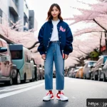 MLB 빅볼청키와 휠라 디스럽터2 리뷰 - A stylish young Japanese woman wearing vibrant MLB Big Ball Chunky sneakers with thick, rounded sole...