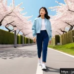 푸마 캘리와 휠라 디스럽터 비교 - A stylish urban scene featuring a young Japanese woman wearing Puma "Cali" sneakers in soft pastel b...