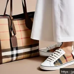 버버리 빈티지 체크 스니커즈와 프라다 아메리카스컵 비교 - A stylish close-up shot of a pair of Burberry sneakers featuring the iconic vintage check pattern in...