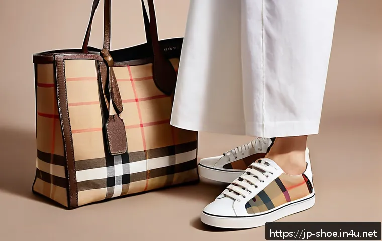 버버리 빈티지 체크 스니커즈와 프라다 아메리카스컵 비교 - A stylish close-up shot of a pair of Burberry sneakers featuring the iconic vintage check pattern in...