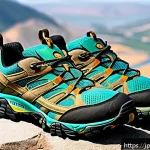 에코 바이옴과 메렐 모압 등산화 추천 - A side-by-side comparison image of two hiking shoes displayed outdoors on a rocky trail: one shoe is...