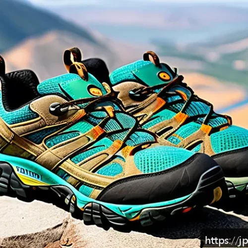 에코 바이옴과 메렐 모압 등산화 추천 - A side-by-side comparison image of two hiking shoes displayed outdoors on a rocky trail: one shoe is...