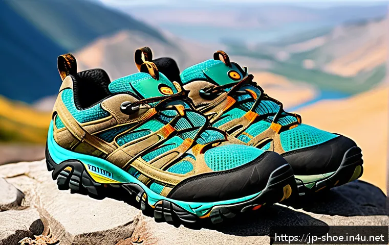 에코 바이옴과 메렐 모압 등산화 추천 - A side-by-side comparison image of two hiking shoes displayed outdoors on a rocky trail: one shoe is...